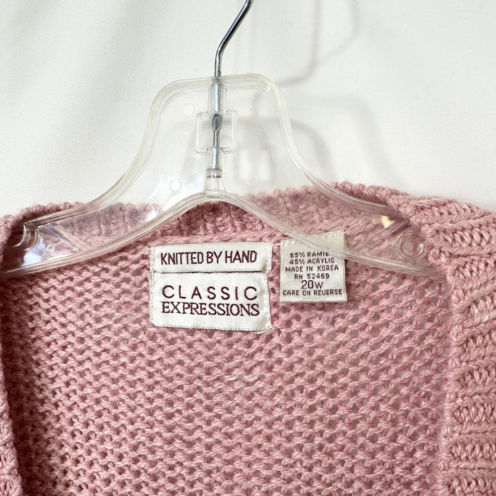VTG Plus Size 20W Sweater Pink Hand Knit Heart Fringe Cardigan Cottagecore 774 - Picture 2 of 10